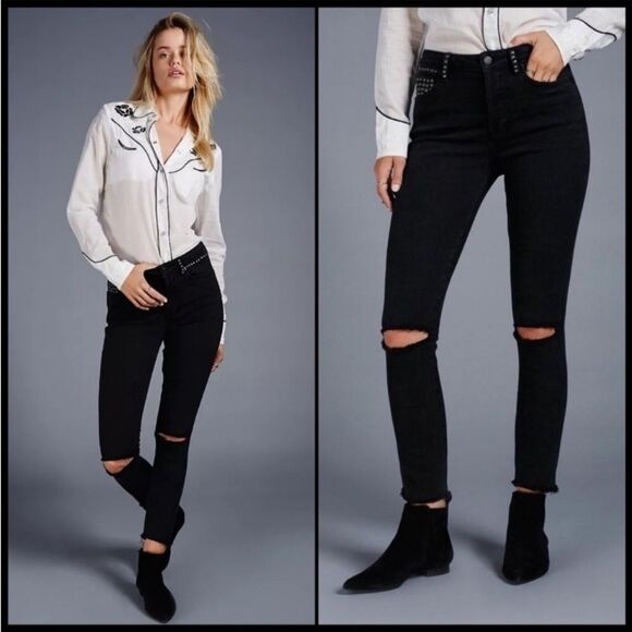 Free People SZ 27 Payton High Waist Studded Jeans Faded Black 80’s Retro Grunge - Picture 3 of 16